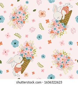 Seamless pattern with cute rabbit and flowers. Childish print. Vector illustrations. Easter bunny.