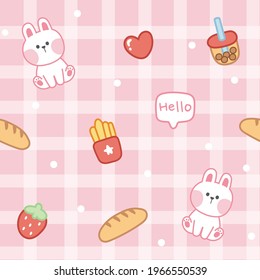 Seamless pattern of cute rabbit with food on pink background.Animal character design.Bread,strawberry,bubble milk tea hand drawn.Wallpaper.Kawaii.Vector.Illustration.