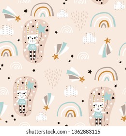 Seamless pattern with cute rabbit girl, rainbow, stars, balloons. Creative childish background. Perfect for kids apparel,fabric, textile, nursery decoration,wrapping paper.Vector Illustration