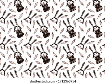 Patrón sin inmueble de adorables conejas con un rubor en las mejillas en los vestidos de polka negro de los niños, sus retratos con chicharrones y collares, zanahorias rosas en un fondo blanco. Vector.