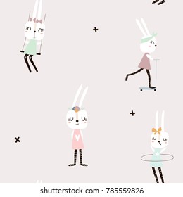 Nahtlose Muster mit süßen Kaninchenmädchen. Kreativer kalter Hintergrund. Ideal für Kinderbekleidung, Gewebe, Textilien, Kindergartendekoration, Wickelpapier.Vektorgrafik