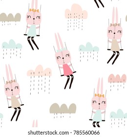 Seamless pattern with cute rabbit girls . Creative childish background. Perfect for kids apparel,fabric, textile, nursery decoration,wrapping paper.Vector Illustration