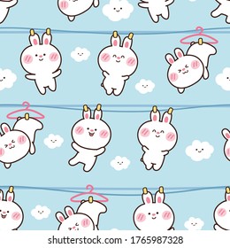 Seamless pattern of cute rabbit hang on line sky background.Animal wallpaper.Kawaii.Image for web banner,baby product,card,sticker,print screen.Vector.Illustration.