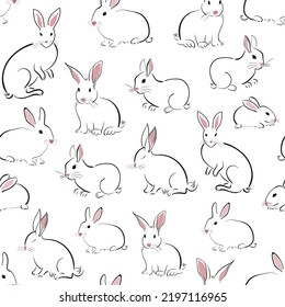 Seamless pattern with cute rabbit or hare in oriental style isolated on a white background. Graphic print.