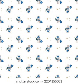 Seamless pattern with cute rabbit or hare in Santa hat with bag of presents and stars. Festive print of funny animals for New Year and Christmas. Vector flat illustration