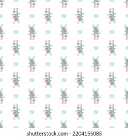 Seamless pattern with cute rabbit or hare in hat with snowflakes. Festive print with funny smile animals for New Year and Christmas. Vector flat illustration