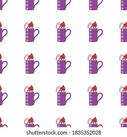 
Seamless pattern with a cute rabbit in a hat in a pastel cup with snowflakes on a white background. Vintage prints in flat style for interior. Stock vector illustration for decor and design, fabric.