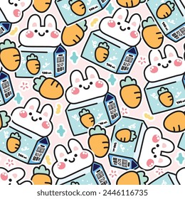 Seamless pattern of cute rabbit head milk box with carrot sticker background.Beverage.Rodent animal character cartoon design.Brakfast.Baby drink.Kawaii.Vector.Illustration.