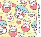 Seamless pattern of cute rabbit with heart and bubble milk tea background.Rodent animal character cartoon design.Bunny hand drawn.Kawaii.Vector.Illustration.