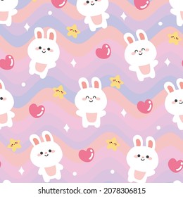 Seamless pattern of cute rabbit with heart and star on pastel color background.Animals character design.Image for card,poster,wallpaper,paper wrapping,screen,printing.Kawaii.Vector.Illustration.