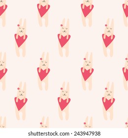 Seamless pattern with cute rabbit with heart in his hands on a pink background