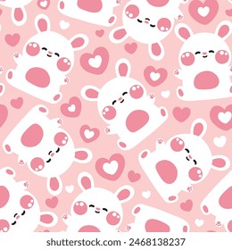 Seamless pattern of cute rabbit with heart pink background.Rodent bunny animal character cartoon design.Valentines day.Love.Easter.Kawaii.Vector.Illustration.