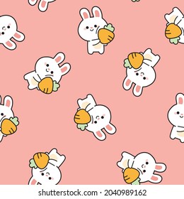 Seamless pattern of cute rabbit hold carrot on pastel pink background.Animal character design.Image for baby cloth,kid toy,wallpaper,banner,card,gift paper.Repeat.Kawaii.Vector.Illustration.