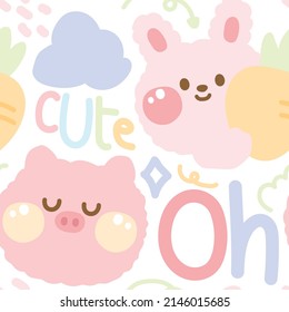 Seamless pattern of cute rabbit hold carrot and pig face.White background.Animals character cartoon design.Pastel.Kawaii.Vector.Illustration