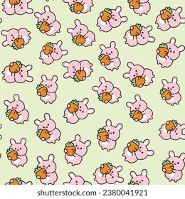 Seamless pattern of cute rabbit hold carrot on pastel background.Rodent animal character cartoon design.Baby clothing.Easter.Kawaii.Vector.Illustration.