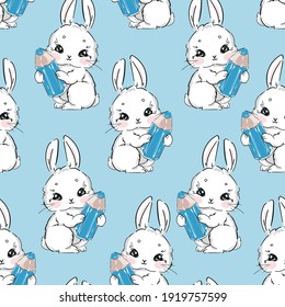 Seamless Pattern Cute rabbit holding a pencil print design rabbit background. Vector Design Textile for Kids 