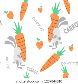 Seamless pattern cute cute rabbit holds a big carrot. Creative childish texture for fabric, textile fashion