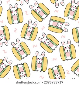 Seamless pattern of cute rabbit hotdog on white background.Bunny hand drawn.Fast food.Image for card,poster,kid product.Kawaii.Vector.Illustration.