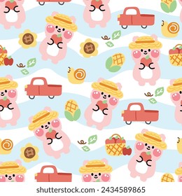 Seamless pattern of cute rabbit with icon background.Farm.Rodent animal character cartoon.Image for card,poster,baby clothing.Sunflower,snail,leaf,apple,truck.Kawaii.Vector.Illustration