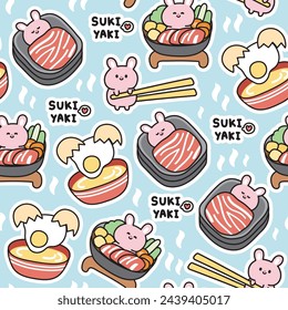 Patrón sin fisuras de conejo lindo en concepto de comida japonesa. Sukiyaki es marihuana caliente comida japonesa. Dibujo de dibujos animados conejito. Animal de roedor. Ropa de bebé. Kawaii. Vector. Ilustración.