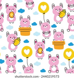 Seamless pattern of cute rabbit line hand drawn style in various poses with cloud on white background.Bunny cartoon.Rodent animal character design.Sky.Kawaii.Vector.Illustration.