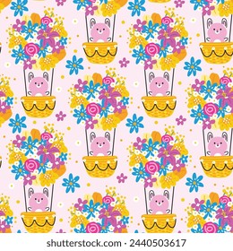 Seamless pattern of cute rabbit line style hand drawn stay in flower balloon background.Easter.Spring.Nature.Blooming.Floral.Rodent animal character cartoon design.Bunny.Kawaii.Vector.Illustration.