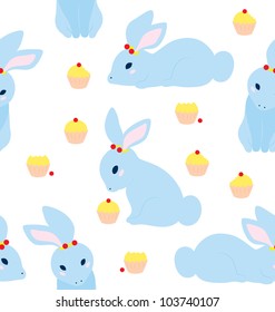Seamless pattern of cute rabbit in many poses with cupcakes.