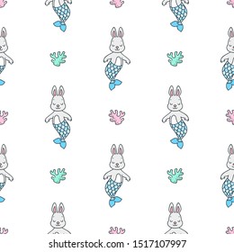 Seamless pattern with cute rabbit mermaids and corals on white background. Vector 8 EPS.