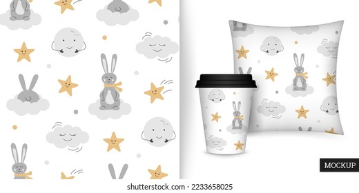 Seamless pattern with of cute rabbit, moon and star. Childish background with cartoon clouds and stars in hand drawn style. Pattern time to sleep. Vector illustration. Design for textile, paper, cloth