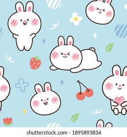 Seamless Pattern Of Cute Rabbit On Blue Background.Animals Character Design.Kid Graphic.Wallpaper.Kawaii.Vector.Illustration