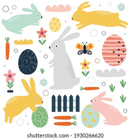 Seamless pattern with cute rabbit on white background