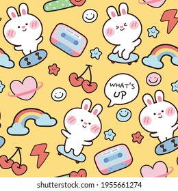 Seamless Pattern Of Cute Rabbit On Skate Board On Yellow Background.Animal Character Design.Kid Graphic Design.Art.Sticker.Cartoon Hand Drawn.Wallpaper.Banner.Image.Kawaii.Vector.Illustration.