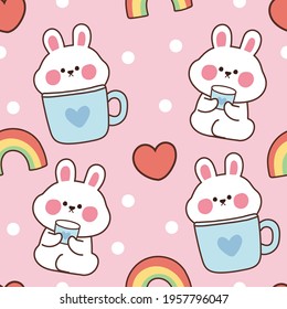 Seamless pattern of cute rabbit on pink background.Animal character.Kid graphic design.Wallpaper.Sticker.Kawaii.Vector.Illustration.Illustrator.