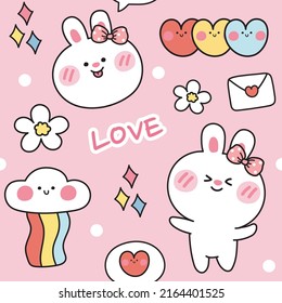 Seamless pattern of cute rabbit on pink background.Animal cartoon.wallpaper.Vector.Illustration.