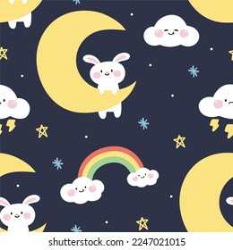 Seamless pattern of cute rabbit on moon on night background.Animal character cartoon design.Star,rainbow,thunder,cloud hand drawn.Kawaii.Vector.Illustration.