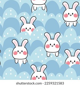 Seamless pattern of cute rabbit on cloud background.Easter.Animal character cartoon design.Bunny hand drawn.Kawaii.Vector.Illustration.
