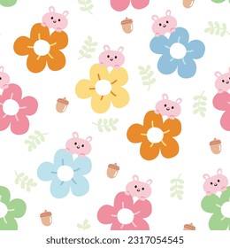 Seamless pattern of cute rabbit on colorful flower with  acorn and leaf on white background.Wild animal character design.Jungle.Baby clothing.Kawaii.Vector.Illustration.