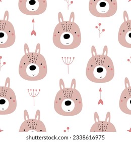 Seamless pattern with a cute rabbit on a white background. Vector illustration in scandinavian style for nursery decoration and textiles