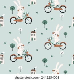 Seamless pattern with cute rabbit on bicycle. Vector illustrations 