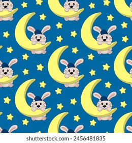 Seamless pattern with Cute Rabbit on moon