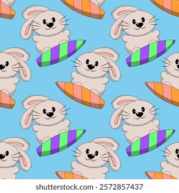 Seamless pattern with Cute Rabbit on surfboard