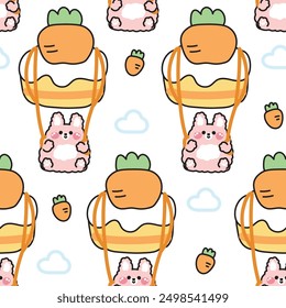 Patrón sin fisuras de lindo conejo paracaídas forma de pastel de zanahoria de dibujos animados en el fondo de la nube del cielo dibujado a mano. Conejito. Pascua. Panadería, dulce, postre. Roedor animal character. Kawaii. Vector. Ilustración.