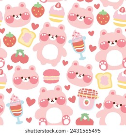 Seamless pattern of cute rabbit pastel with icon on white background.Rodent animal cartoon design.Strawberry,cherry,ice cream,heart,cake,bread,jam.Baby clothing.Bunny.Kawaii.Vector.llustration.