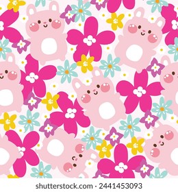 Seamless pattern of cute rabbit pastel with various flower  background.Spring.Blooming.Floral.Easter.Rodent animal character cartoon design.Kawaii.Vector.Illustration.