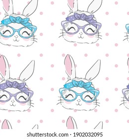 Seamless Pattern Cute Rabbit and pink Bow. Hand Drawn Bunny, print design rabbit background. Vector Seamless. Print Design Textile for Kids Fashion.