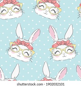 Seamless Pattern Cute Rabbit and pink Bow. Hand Drawn Bunny, print design rabbit background. Vector Seamless. Print Design Textile for Kids Fashion.