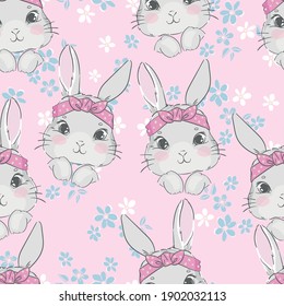 Seamless Pattern Cute Rabbit and pink Bow. Hand Drawn Bunny, print design rabbit background. Vector Seamless. Print Design Textile for Kids Fashion.