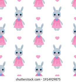 Seamless pattern with a cute rabbit in a pink shawl with a blue bow and hearts. Vector graphics.
