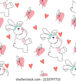 Seamless pattern with cute rabbit and pink hearts. Decorative repeatable background for easter or Valentine day and kids prints, vector hand drawn illustration on white.