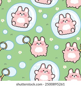 Seamless pattern of cute rabbit play soap bubble on the garden.Rabbit stay in bubble.Rodent animal character cartoon design.Kawaii.Vector.Illustration.